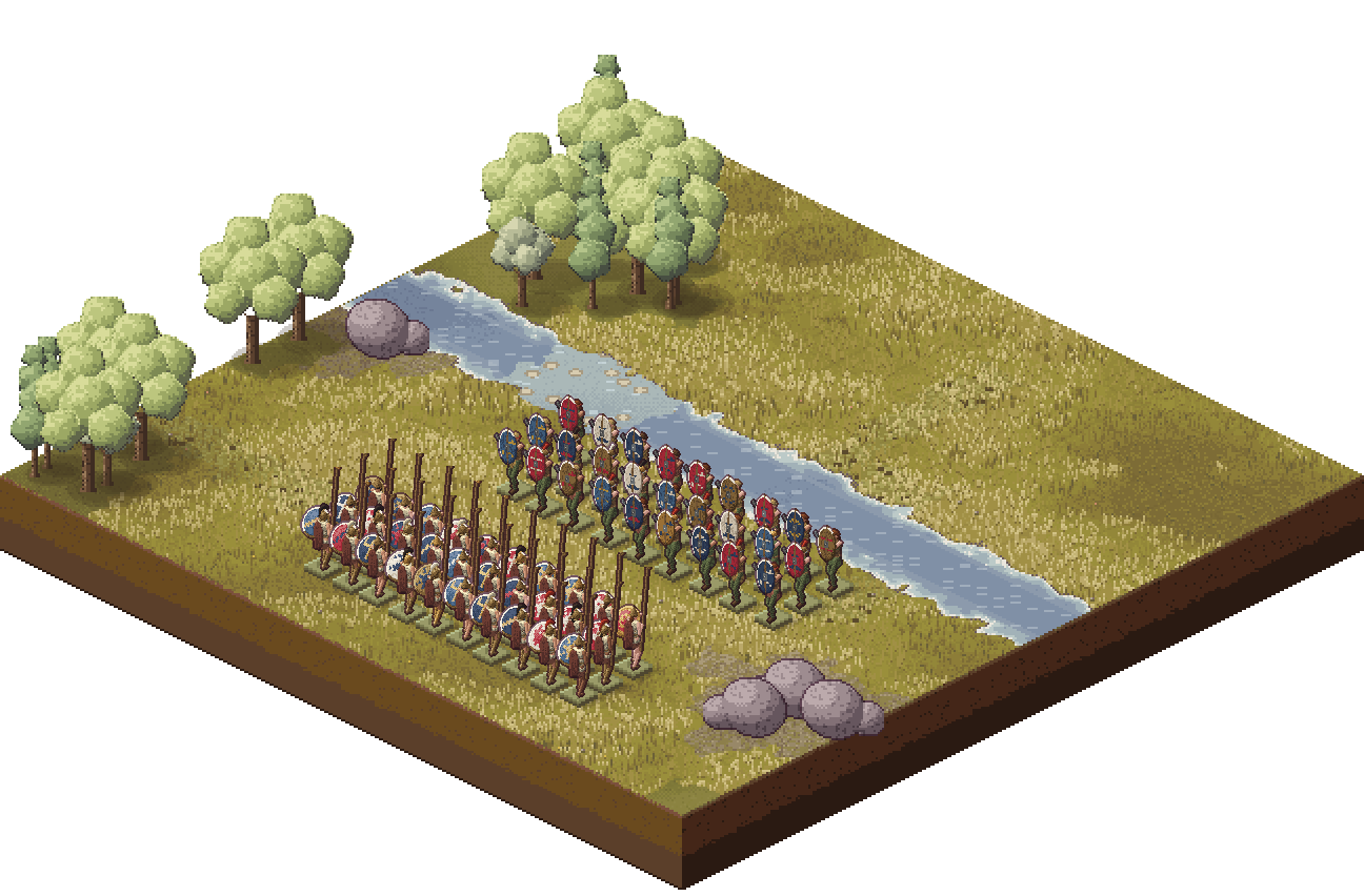 Two pixel-art formations face each other across a river on a battlefield diorama, as drawn by the game.