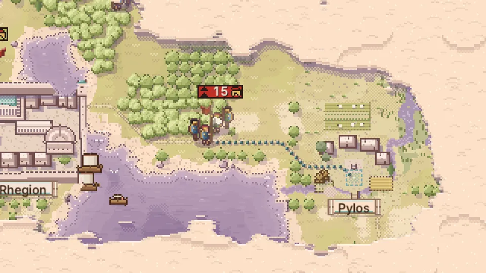 The overland map: the party marches from Rhegion toward Pylos, past a band of fifteen.