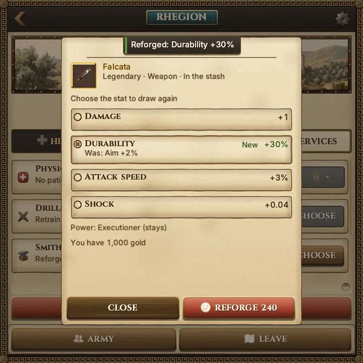 The smith in a town’s services: a legendary falcata’s stat line is reforged.